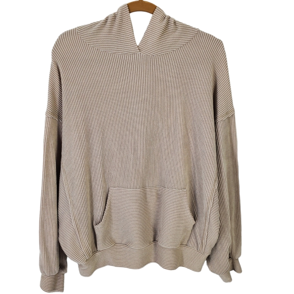 Talulah Oversized Relax Fit Raised Ribbed Pullover Hoodie Tan Cream Sz S